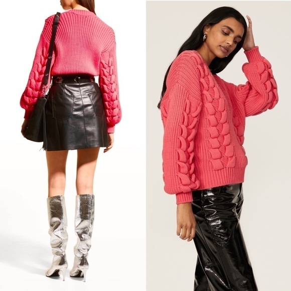 IRO Oversized Chunky Cable Knit Puffed Balloon Sleeve Ribbed V-Neck Sweater XL - Picture 2 of 10